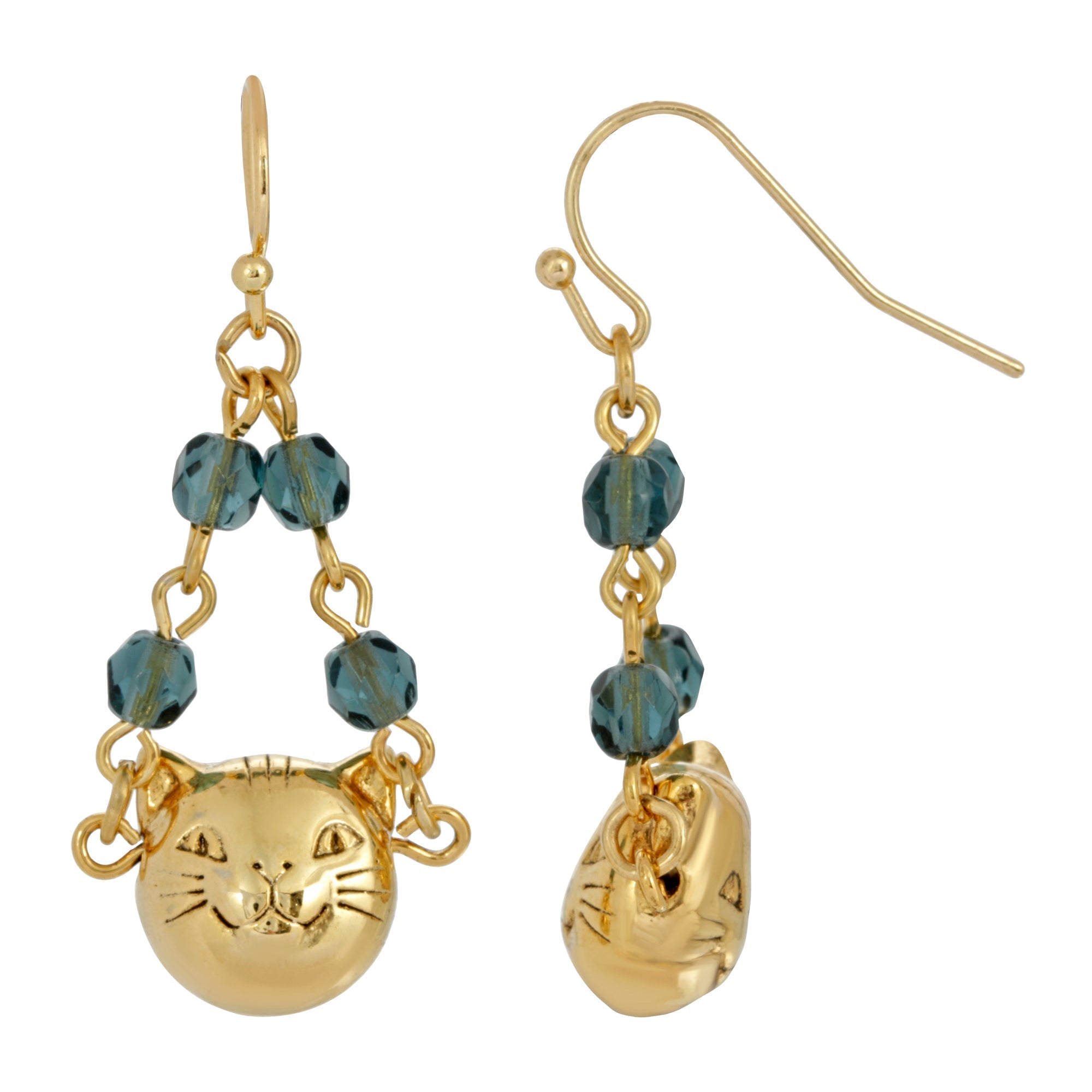 1928 Jewelry Cat Face With Blue Beaded Chain Drop Wire Earrings