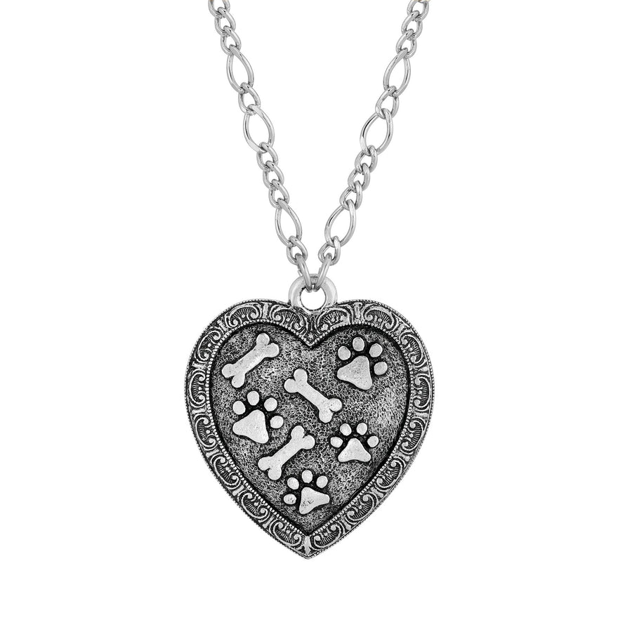 1928 Jewelry Pewter Heart Paws And Bones Pendant Necklace 28"