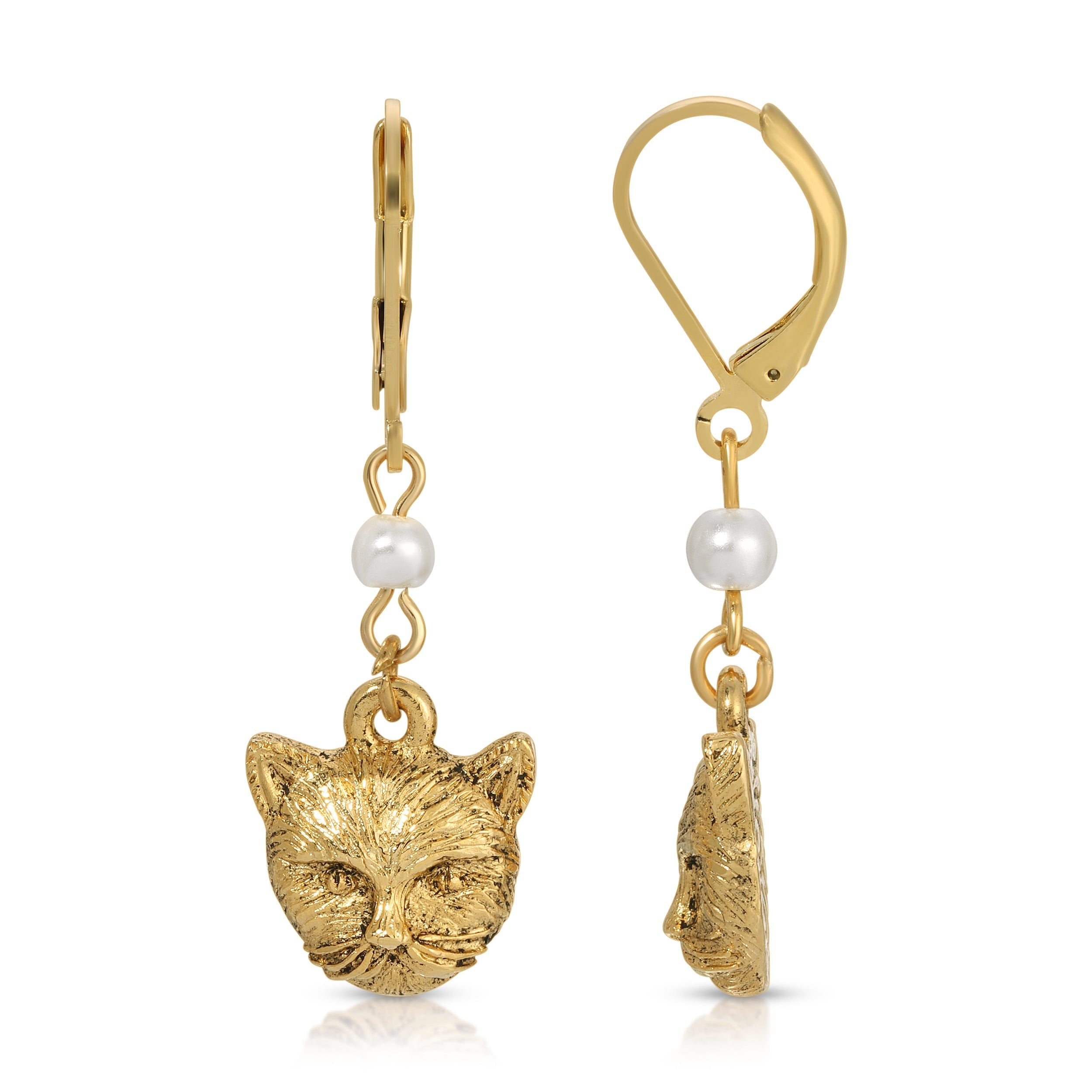 1928 Jewelry Faux Pearl Cat Dangling Earrings