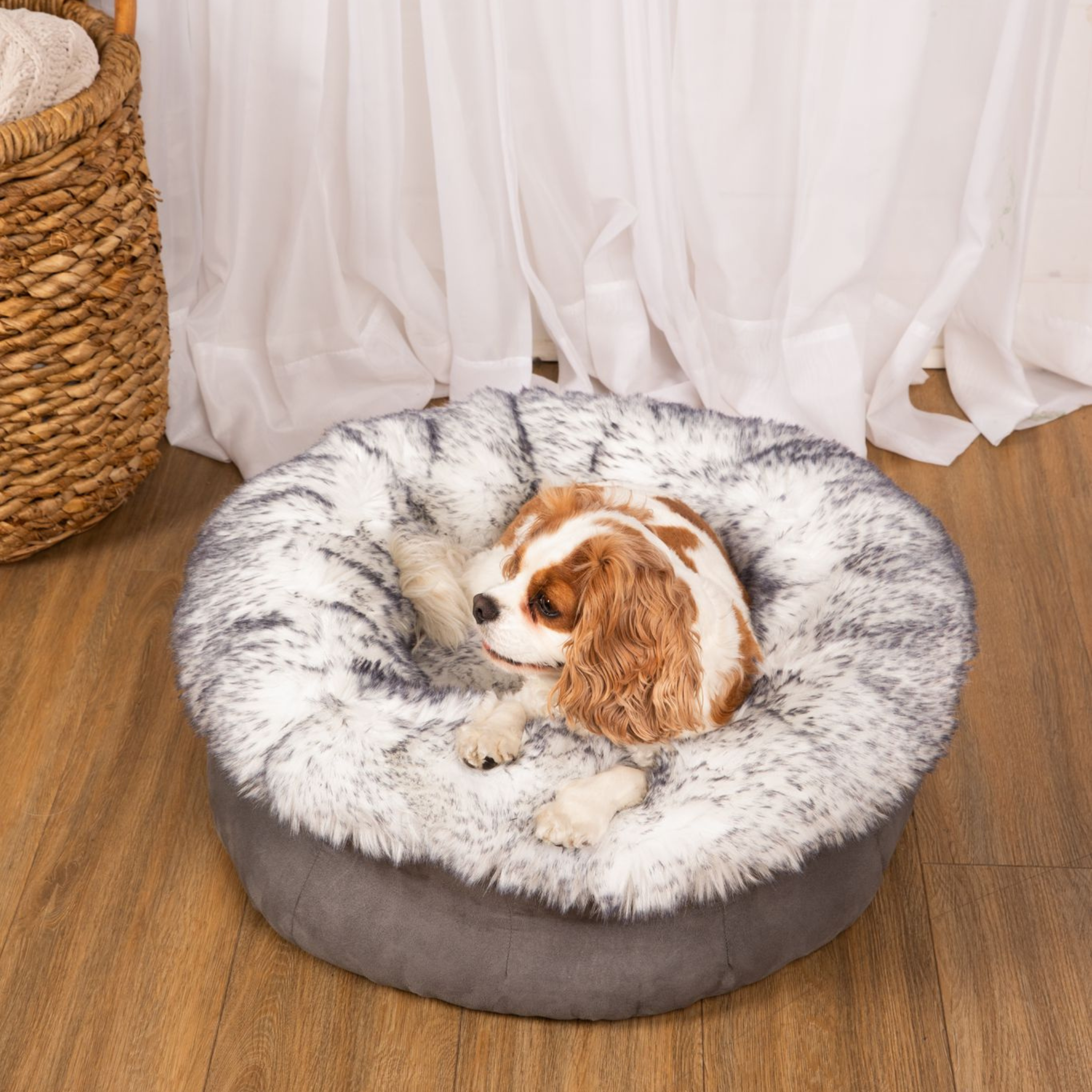 PupPouf Luxe Faux Fur Donut Dog Bed - Ultra Plush Arctic Fox