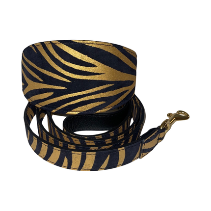 Black & Gold Zebra Print Italian Leather Collar & Leash Set