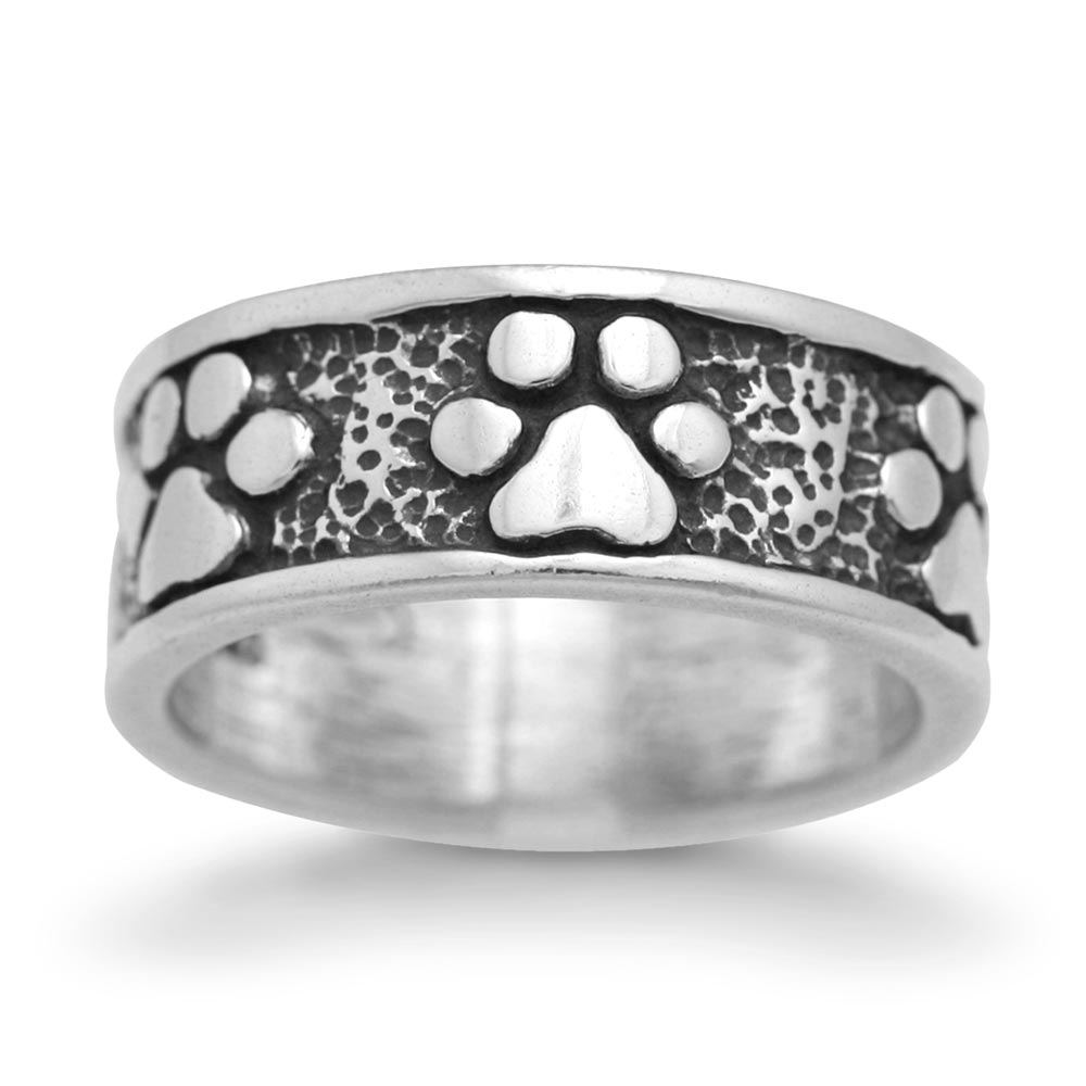 Wide Band Paw Print Ring, Sterling Silver Never Ending Paw Ring