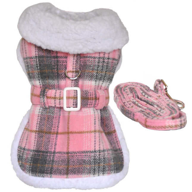 Sherpa Lined Dog Harness Coat - Pink and White Plaid with Matching Leash