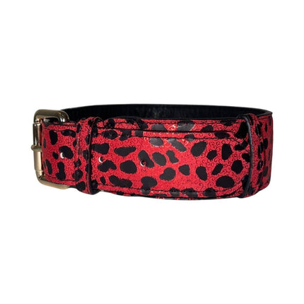 Red & Black Leopard Print Italian Leather Classic Collar