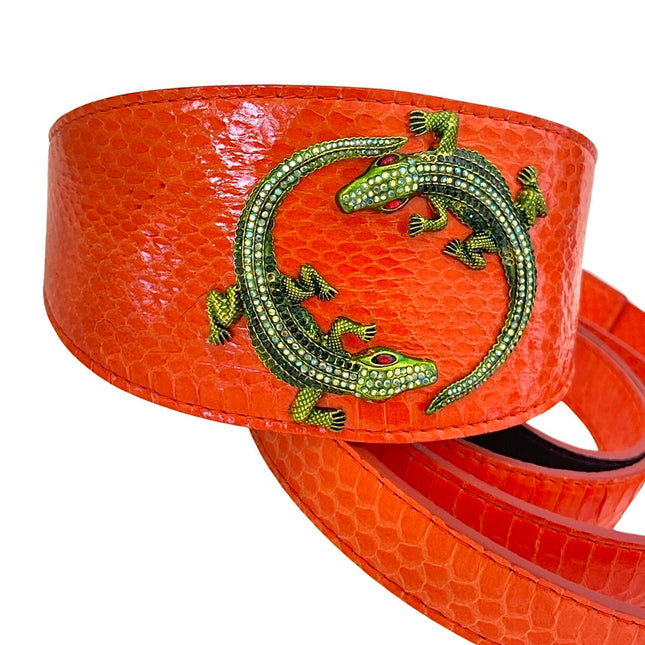 Orange Snake 3” Wide Style Collar & Leash Set With Green Rhinestone Alligators!