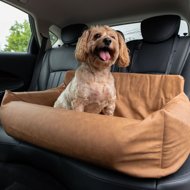 PupProtector™ Faux Leather Memory Foam Dog Car Bed - Camel