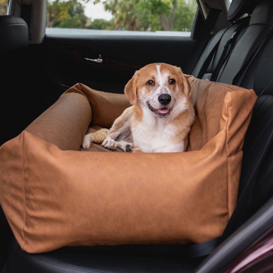PupProtector™ Faux Leather Memory Foam Dog Car Bed - Camel