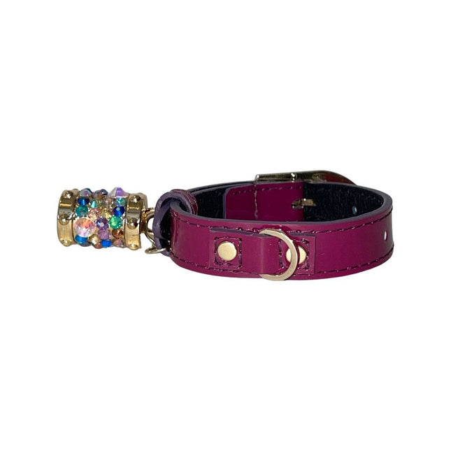 XS 7”-14” Purple Patent Italian Leather Collar/Custom Gold Italian Hardware With Swarovski Crystal Charm