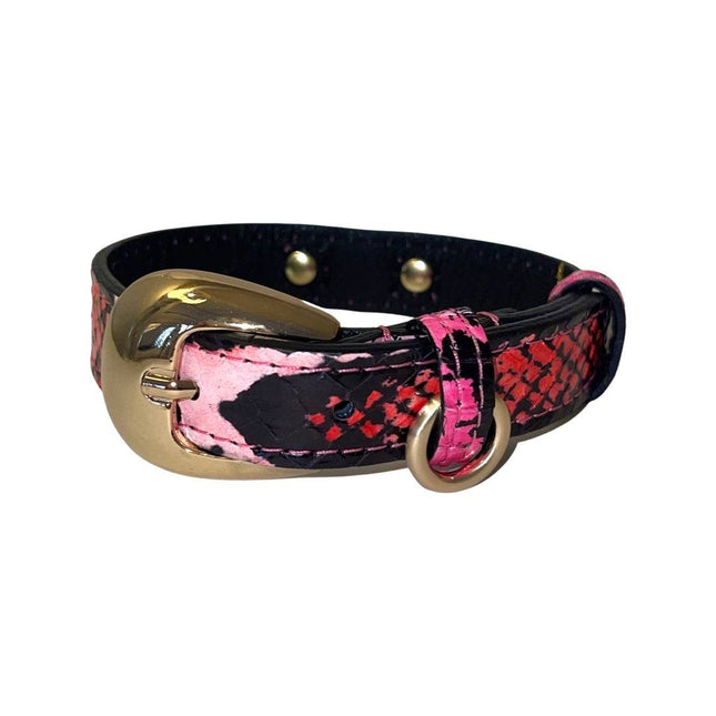 XS/S 7”-14” Fuchsia/Light Pink/Red & Black Snake Collar/Custom Gold Italian Hardware