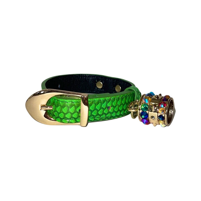 XS/S 7”-14” Neon Green Custom Snake Collar/Custom Gold Italian Hardware & Swarovski Crystal Charm