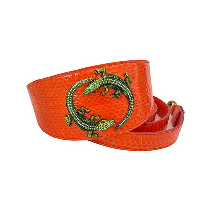 Orange Snake 3” Wide Style Collar & Leash Set With Green Rhinestone Alligators!