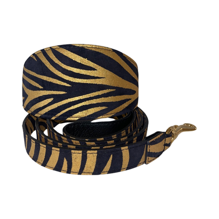 Black & Gold Zebra Print Italian Leather Collar & Leash Set