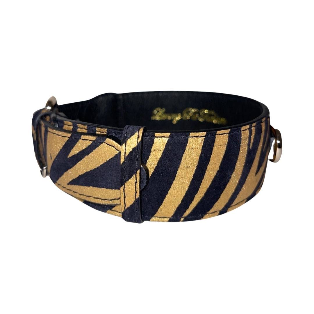 Black & Gold Zebra Print Italian Leather Classic Collar