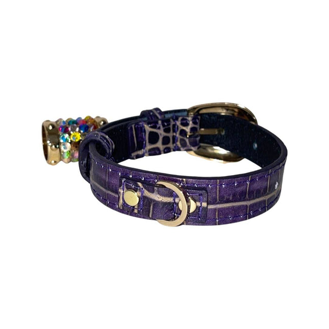 XS 7”-14” Purple/Gold Embossed Croc Italian Leather Collar/Custom Gold Oval Italian Hardware & Swarovski Crystal Charm