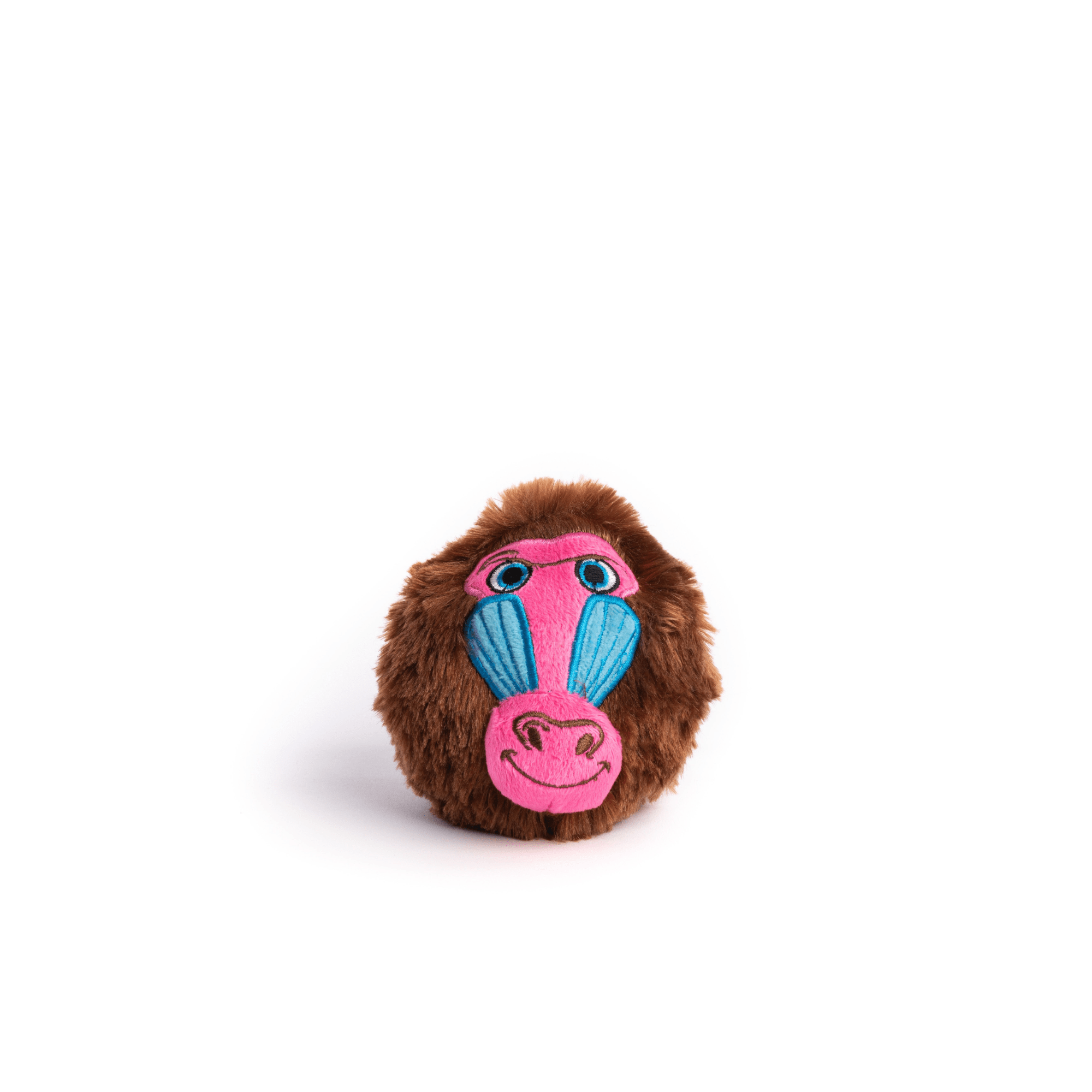 Cute brown fluffy baboon faball® dog toy with pink nose and blue eyes.