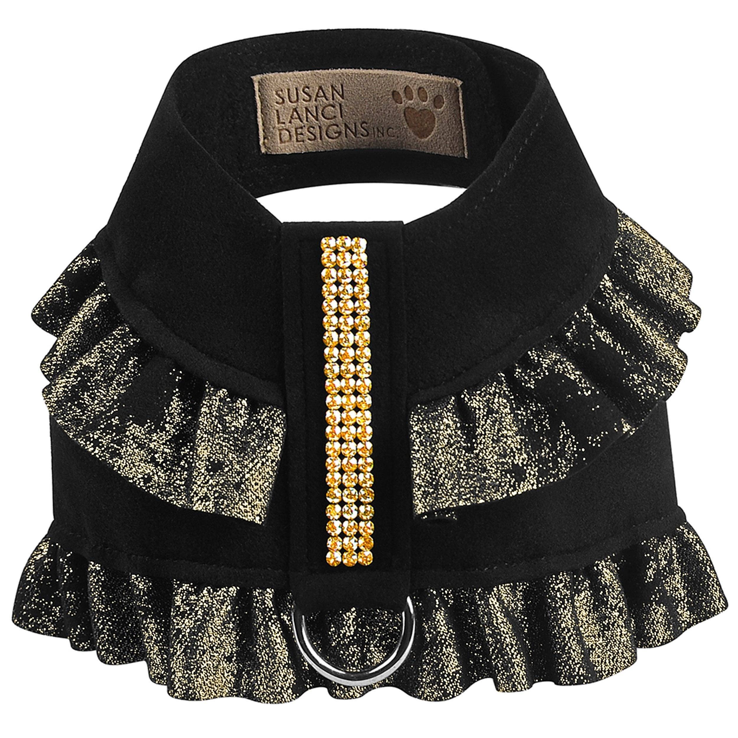 Black Glitzerati Pinafore Ruffles with Gold Giltmore Tinkie Harness