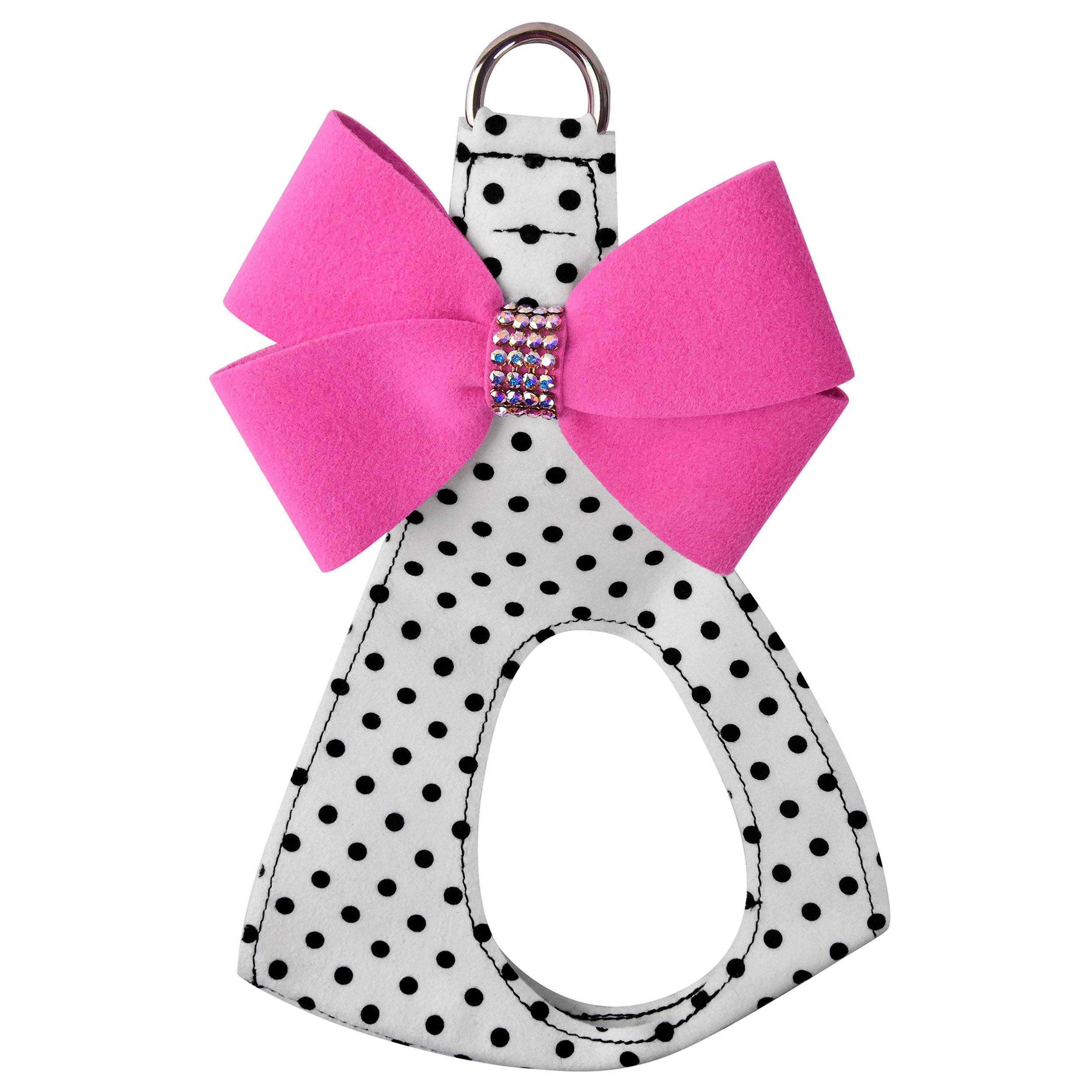 Pink Sapphire Nouveau Bow with Aurora Borealis Giltmore Step In Harness Black & White Polka Dot