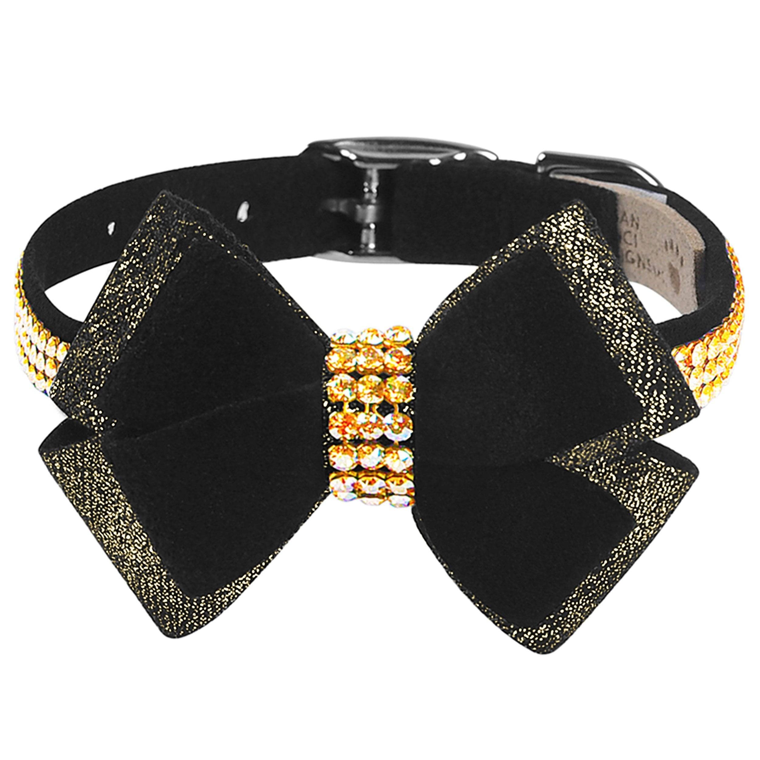 Black Glitzerati Double Nouveau Bow 3 Row Gold Giltmore Collar Black