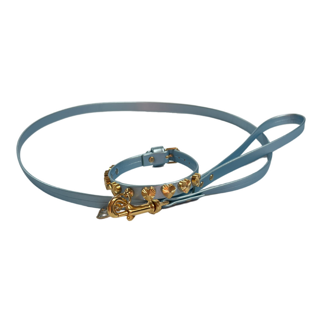 Fashion Collar and Plain Leash Set - Blue with Heart Studs