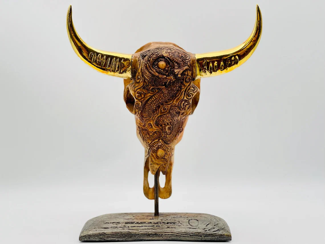 Buffalo with Gold Horns Skull Statue HT Animal Supply