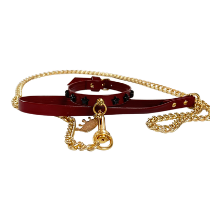 Fashion Collar and Chain Leash Set - Burgundy with Star Studs