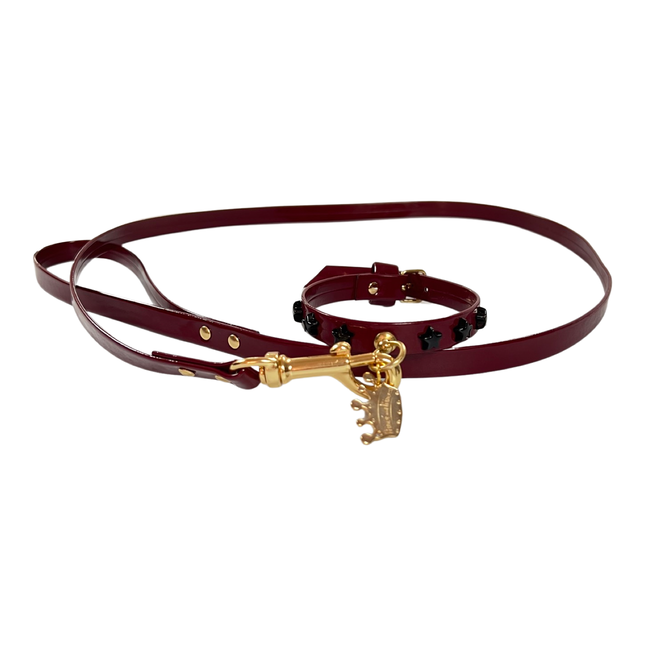 Fashion Collar and Plain Leash Set - Burgundy with Star Studs