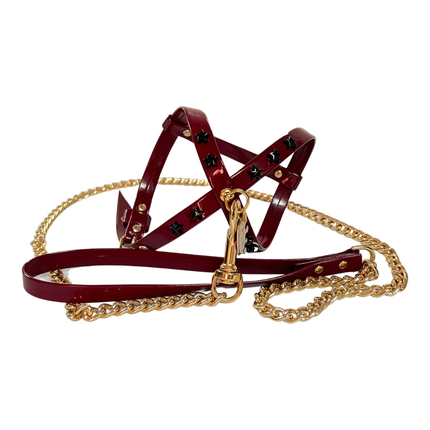 Fashion Dog Harness and Chain Leash Set -Burgundy with Black Star Studs