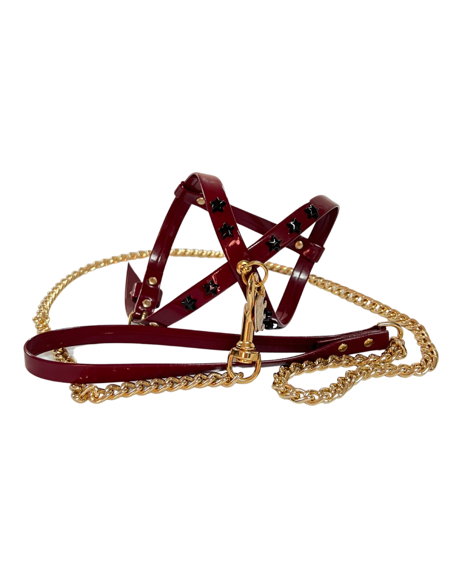 Fashion Dog Harness and Chain Leash Set -Burgundy with Black Star Studs