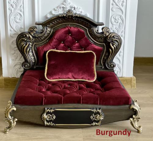 Luxury Baroque Pet Bed in Dark Walnut & Baby Pink Burgundy Red