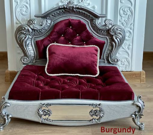 Luxury Baroque Pet Bed in Silver & Baby Pink Burgundy Red