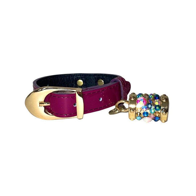 XS 7”-14” Purple Patent Italian Leather Collar/Custom Gold Italian Hardware With Swarovski Crystal Charm