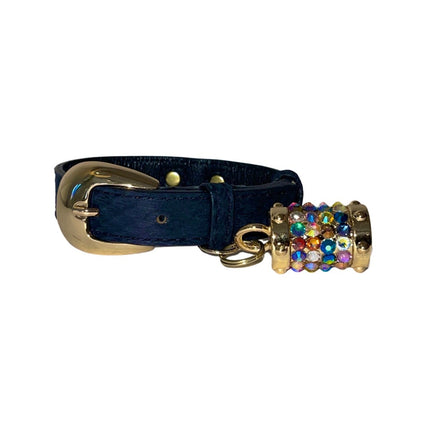 XS/S 7”-14” Matte Midnight Blue Custom Snake Collar/Custom Gold Oval Italian Hardware & Swarovski Crystal Charm