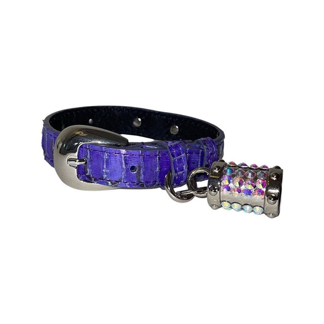 XS/S 7”-14” Iridescent Purple/Silver Custom Snake Collar/Custom Silver Oval Italian Hardware & Swarovski Crystal Charm