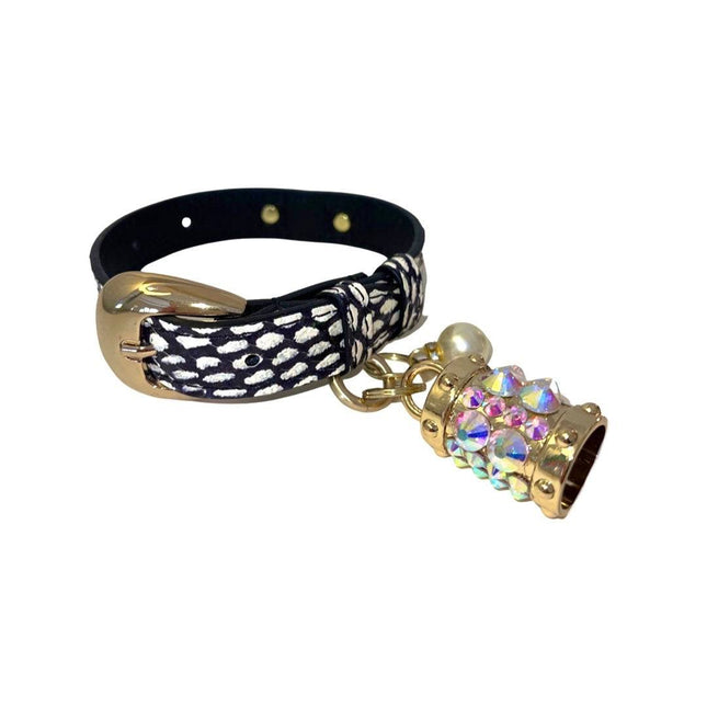 XS 7”-14” White & Navy Polka Dot Snake Collar/Custom Gold Italian Hardware & Our Swarovski Crystal Charm & Pearl