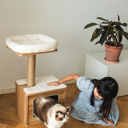 Cedar Wooden Cat Tree Condo with Natural Jute Rope Scratching Post