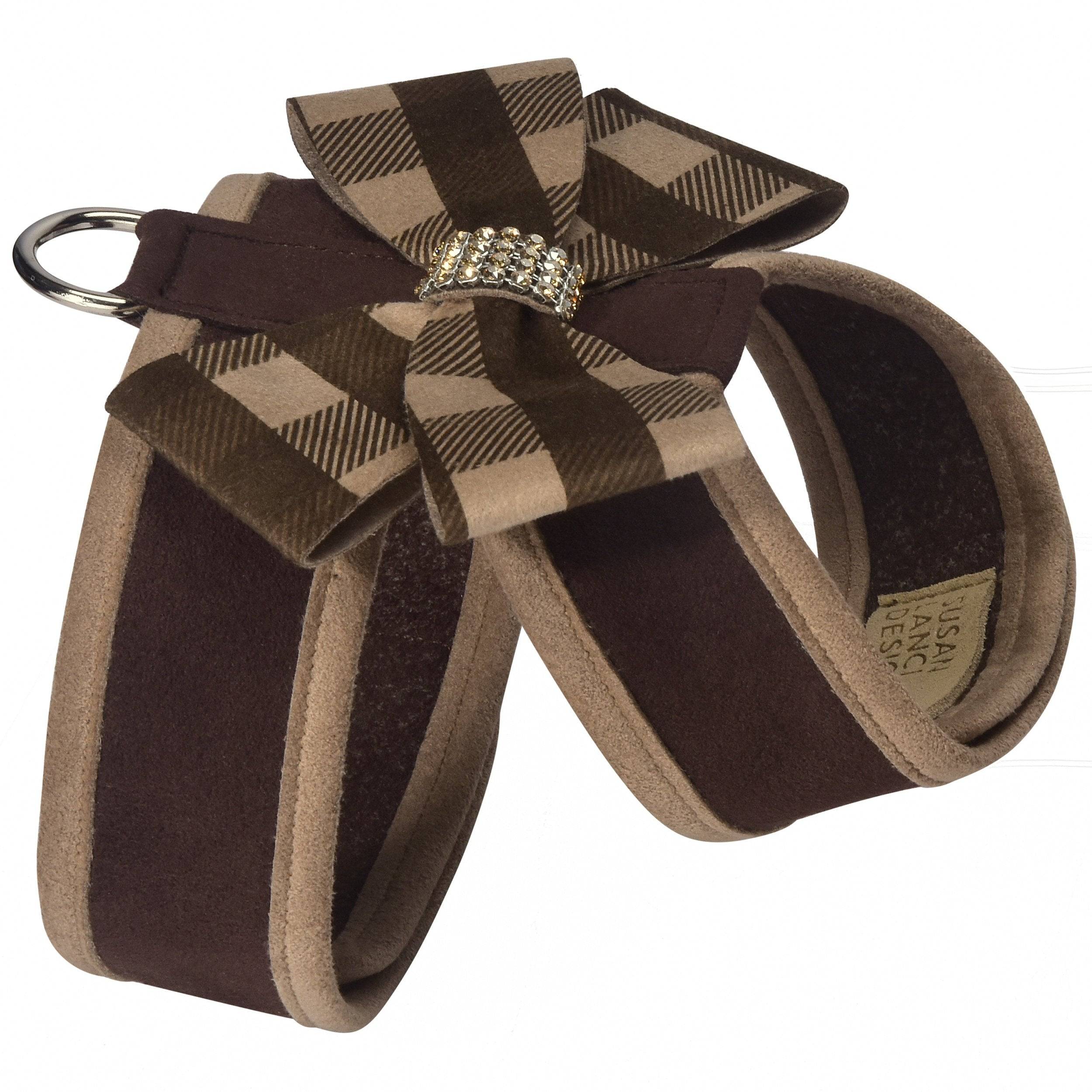 Fawn Gingham Nouveau Bow with Gold Giltmore Tinkie Harness with Fawn Trim Chocolate