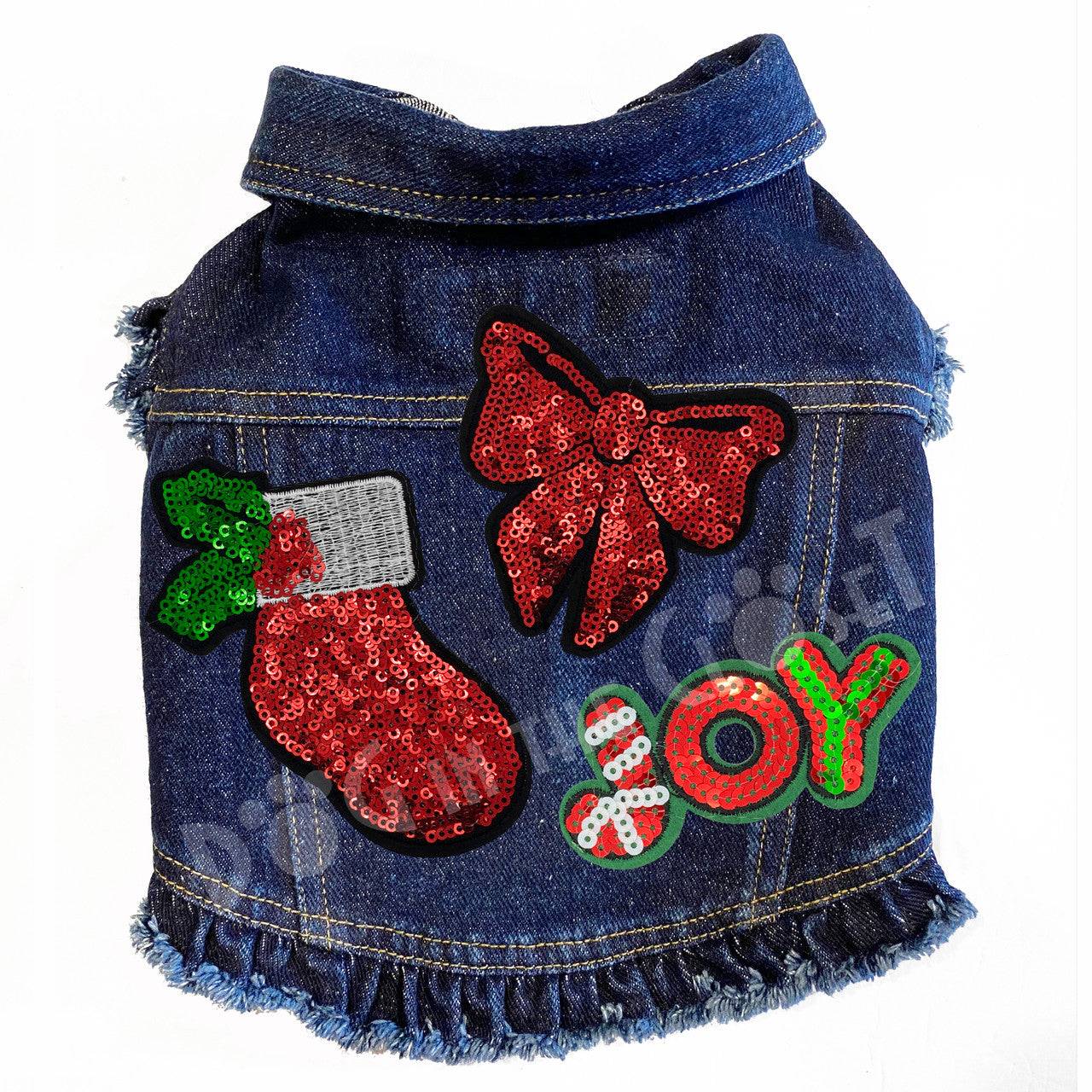 Christmas Bling Denim Dog Jacket Blue Denim with Ruffles