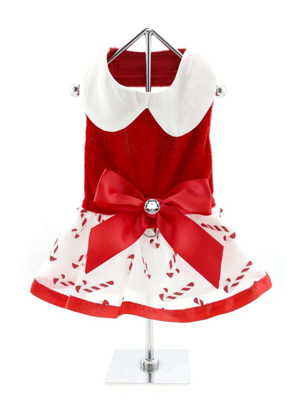 Christmas Candy Cane Rhinestone Dress with D-Ring and Leash