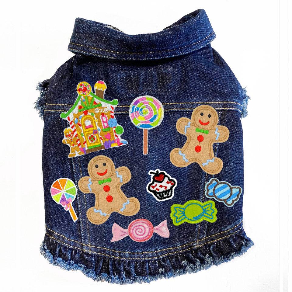 Christmas Gingerbread Denim Dog Jacket Blue Denim with Ruffles