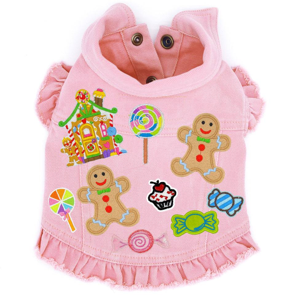 Christmas Gingerbread Denim Dog Jacket Pink Denim with Ruffles