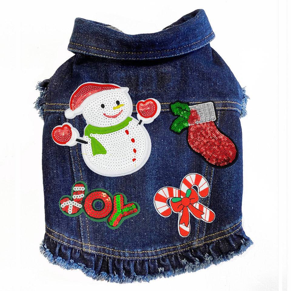 Christmas Snowman Denim Dog Jacket Blue Denim with Ruffles