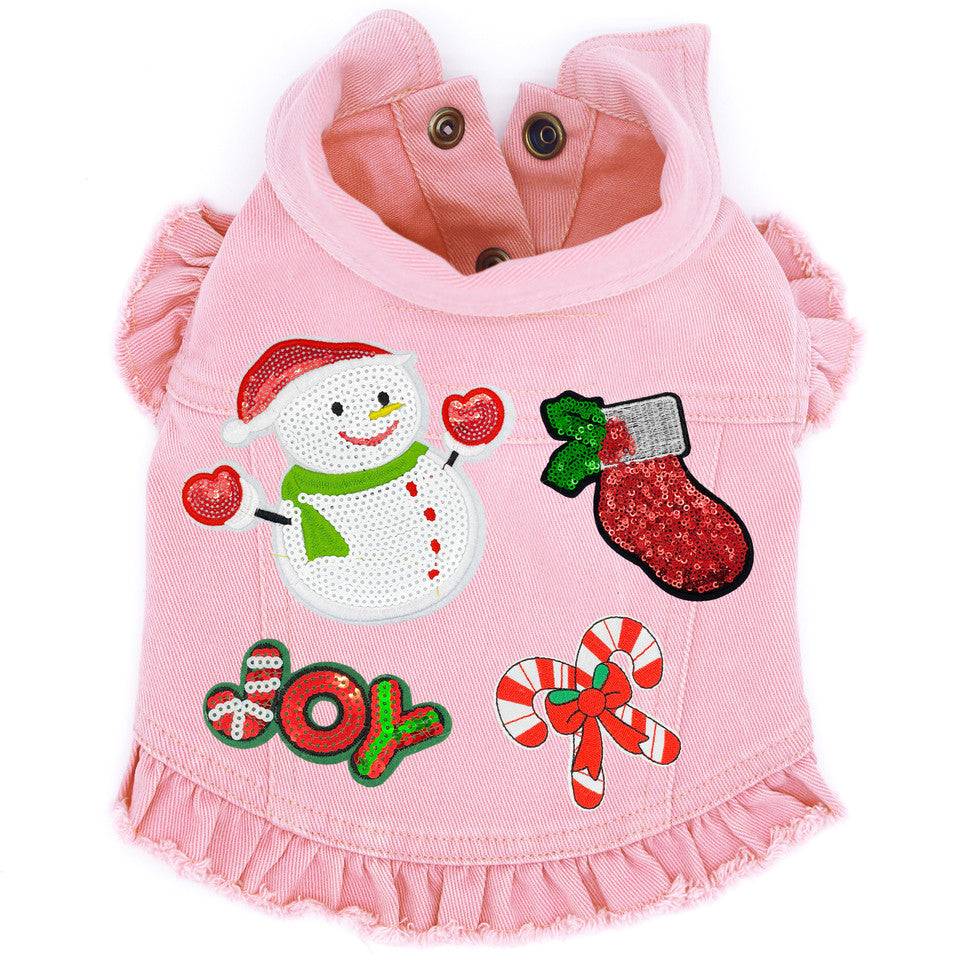 Christmas Snowman Denim Dog Jacket Pink Denim with Ruffles