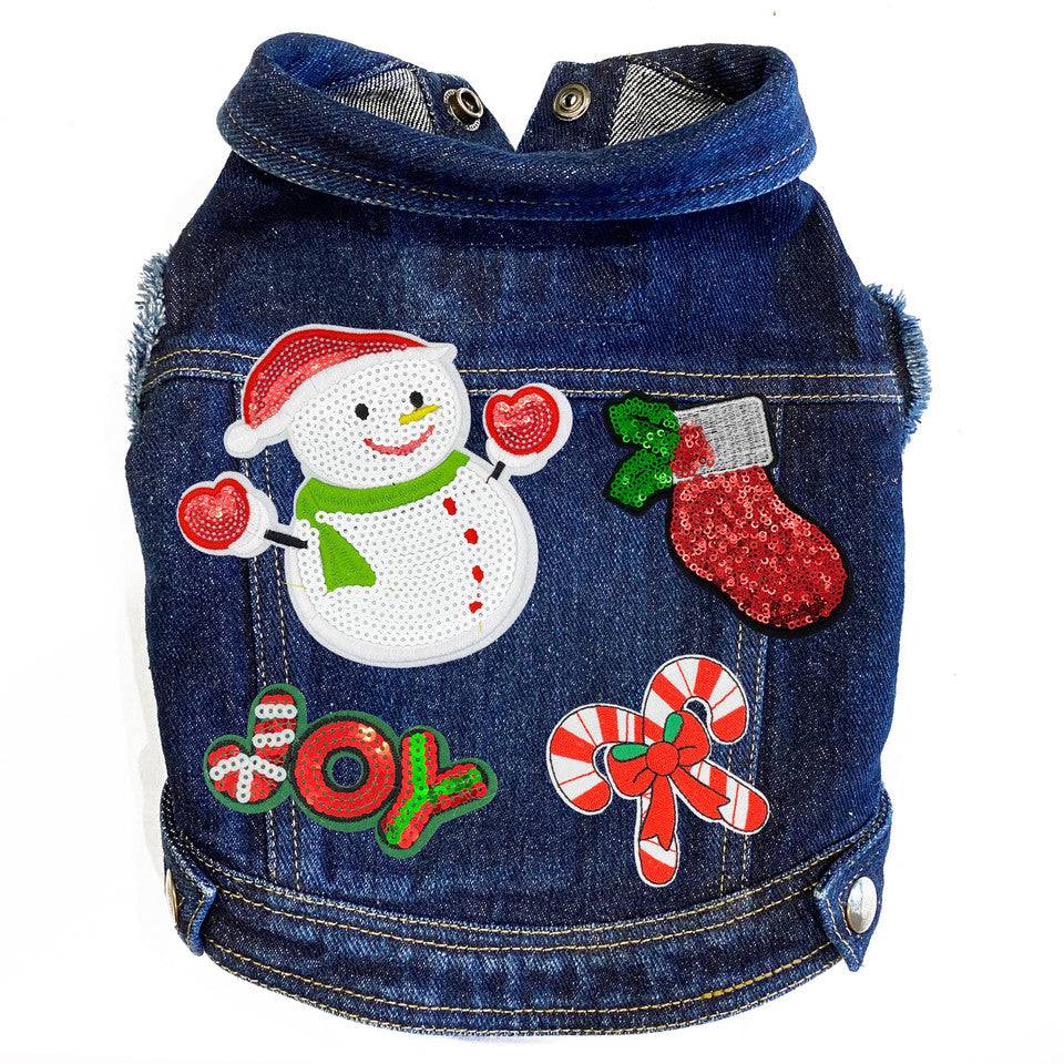 Christmas Snowman Denim Dog Jacket Blue Denim