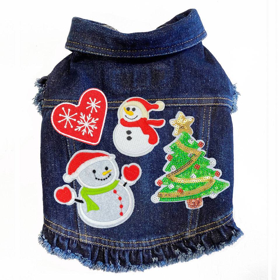 Christmas Snowmen Denim Dog Jacket Blue Denim with Ruffles