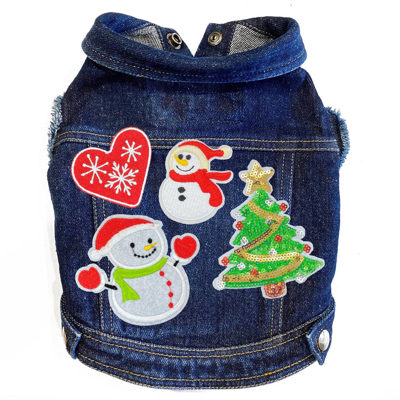 Christmas Snowmen Denim Dog Jacket Blue Denim