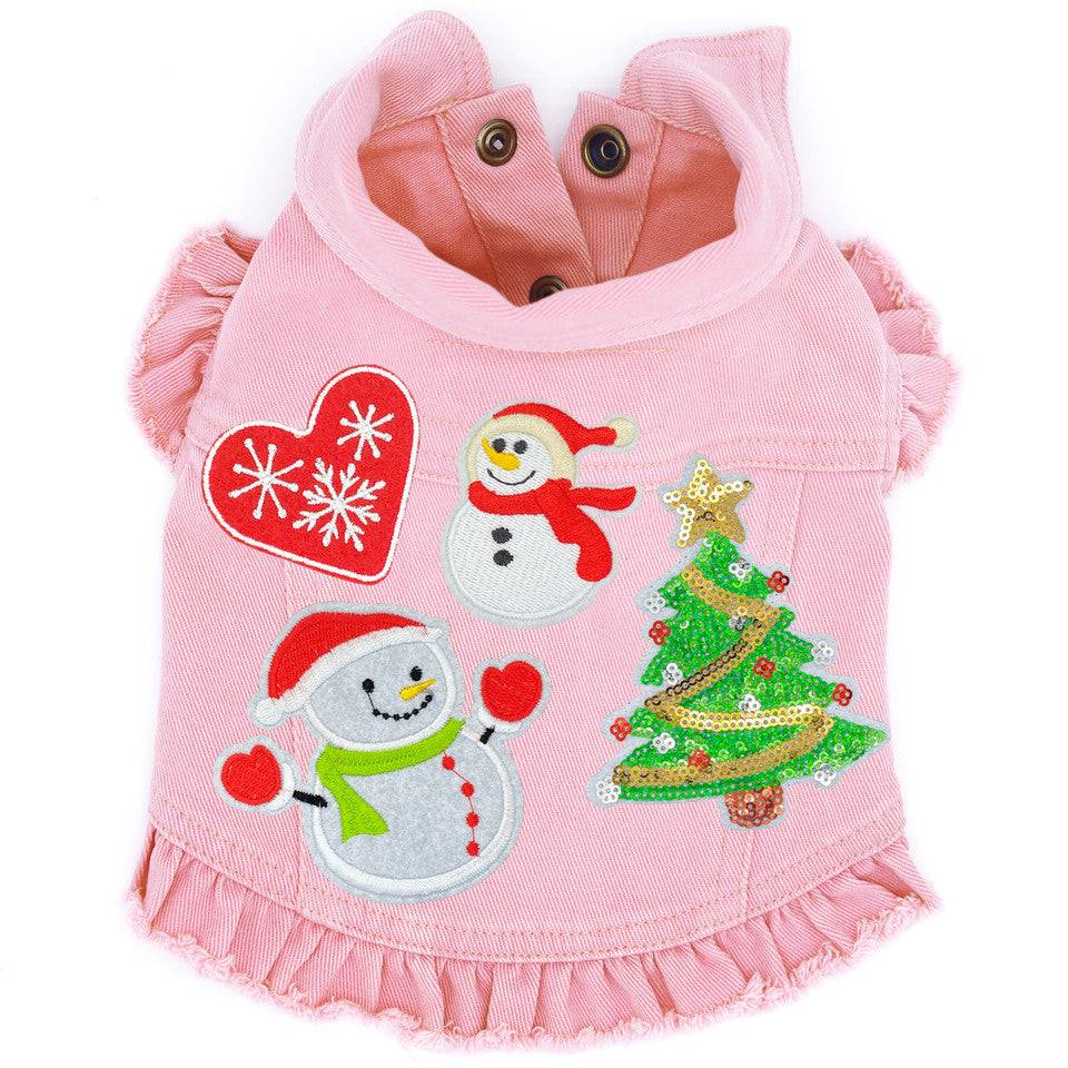 Christmas Snowmen Denim Dog Jacket Pink Denim with Ruffles