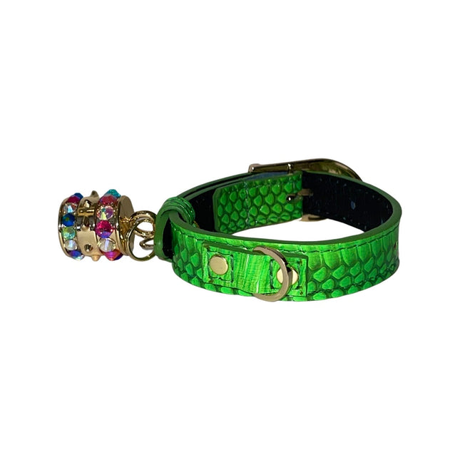 XS/S 7”-14” Neon Green Custom Snake Collar/Custom Gold Italian Hardware & Swarovski Crystal Charm