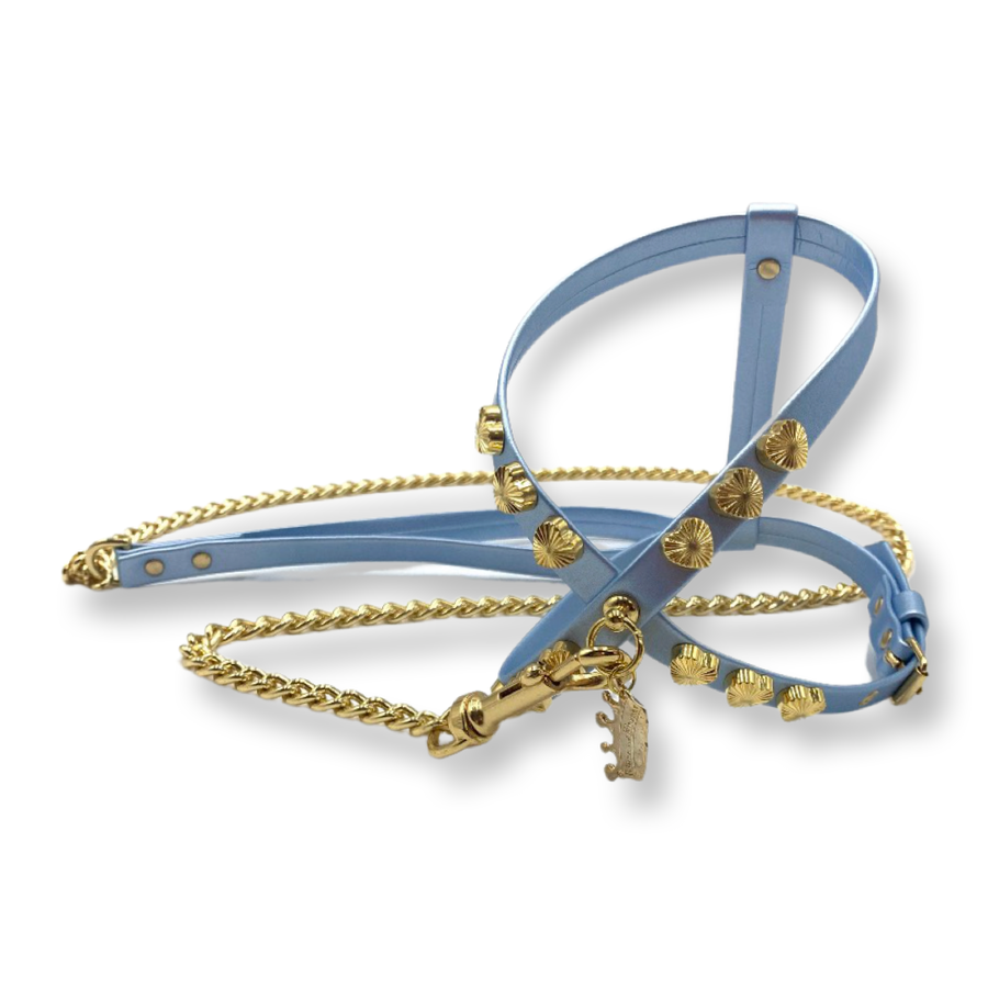 Fashion Dog Harness and Chain Leash Set - Blue with Heart Studs