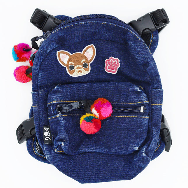 Doggie Denim Backpack Harness Vest - Chihuahua Patches