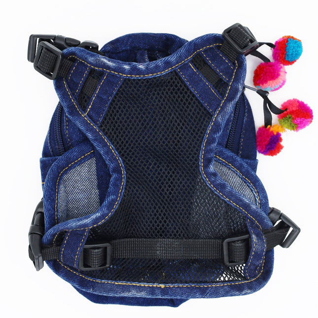 Doggie Denim Backpack Harness Vest - Chihuahua Patches